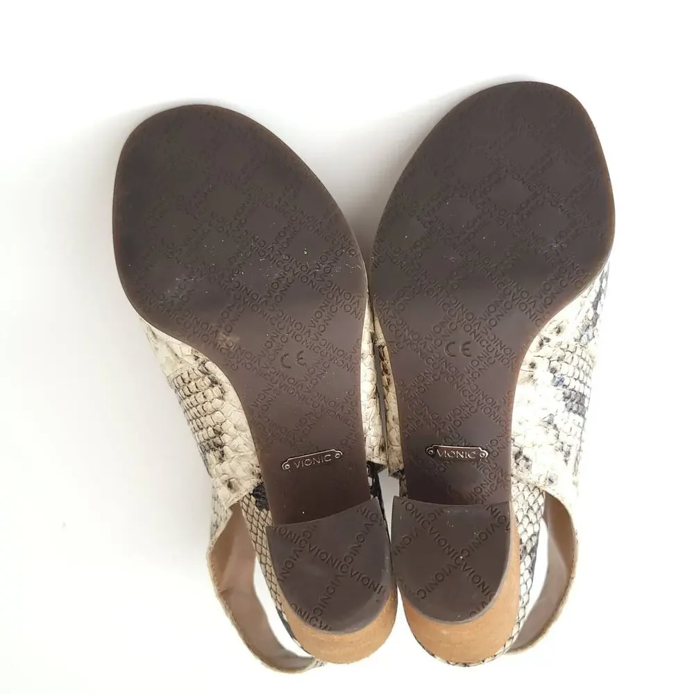 Vionic Blakely Heels Slingback Open Toe Snakeskin Embossed Neutrals Women 6